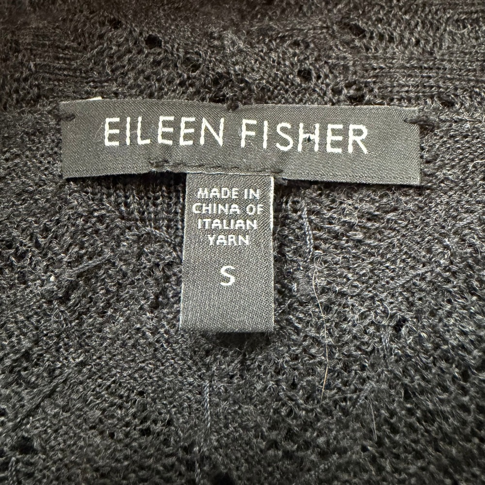 Eileen Fisher Black 100% Merino Wool Beaded Pointelle Long Cardigan Sweater S - Picture 3 of 4